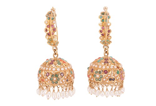 Lot A pair of gem-set earrings, each jhumka...