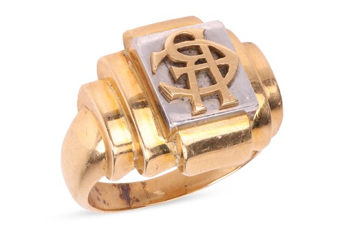Lot A gold signet ring of stepped form with raised...