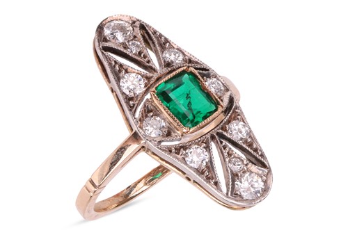 Lot An Art Deco emerald and diamond panel ring,...
