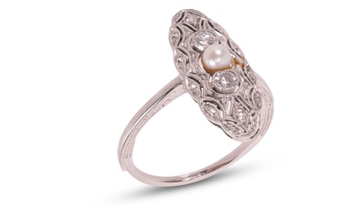 Lot A diamond and pearl plaque ring, the...